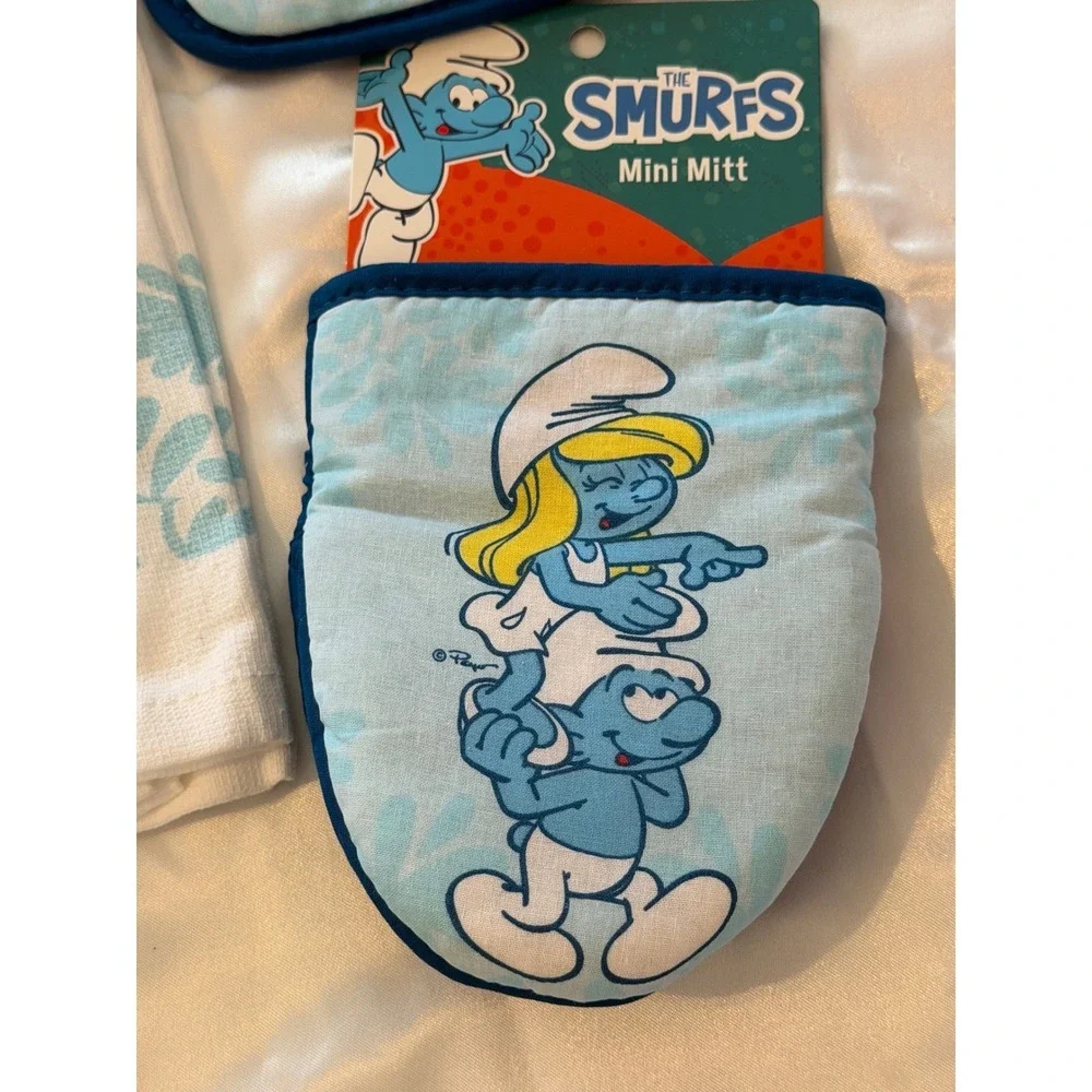 The Smurfs 4pc Kitchen Set Oven Mitt Mini Mitt Pot Holder Towel Blue New NWT